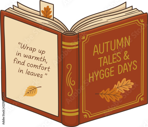 Vintage Open Autumn Book Illustration, Retro Hardcover Book with Hygge Quote, Oak Leaf Bookmark, and Cozy Fall Atmosphere, Isolated on Transparent Background