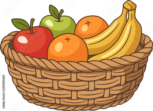Illustration of Fresh Fruit in a Woven Basket, Isolated Healthy Food Concept with Apple, Orange, and Banana for Market, Grocery, and Nutrition Design
