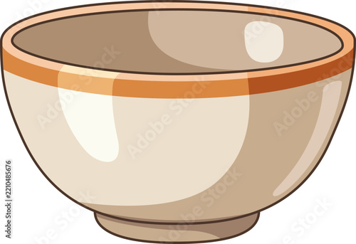 Illustration of a Ceramic Bowl with an Orange Rim, Isolated Empty Cream Colored Kitchenware Object for Food and Dining Design Concepts 