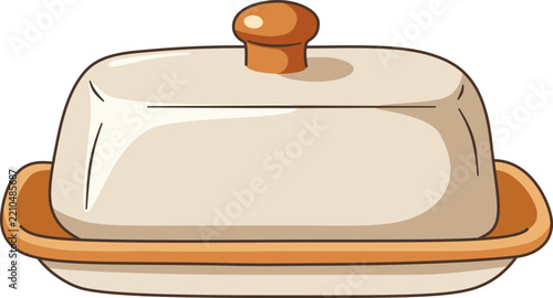 Illustration of a Ceramic Butter Dish with Lid, Isolated Retro Earthenware Covered Butter Keeper for Kitchenware, Bakery, and Dining Design Concepts