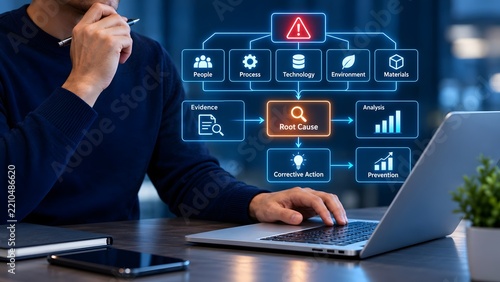 Corporate analyst using a laptop to evaluate a digital root cause analysis flowchart for corrective action and process improvement