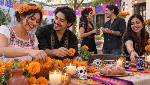 Shared ofrenda decorating for dia de los muertos, friends placing cempasuchil around sweet bread with candle offerings, mexican gathering to remember loved ones
