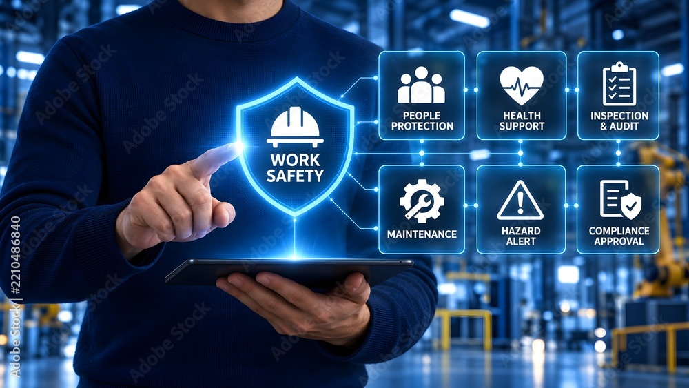 Obraz premium Industrial warehouse manager interacting with a digital work safety hologram interface showing compliance health support and hazard alerts