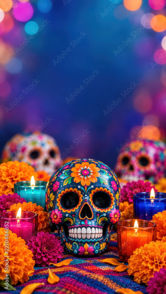 Fototapeta premium Day of the dead greeting layout with sugar skull ofrenda decor, marigold flowers, candle offerings framing blue copy space for a mexican remembrance announcement