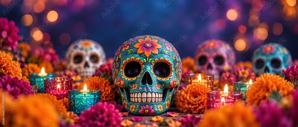 Fototapeta premium Cempasuchil covered ofrenda with decorated sugar skulls, dia de los muertos candle offerings in colorful glass holders, mexican memorial altar centerpiece
