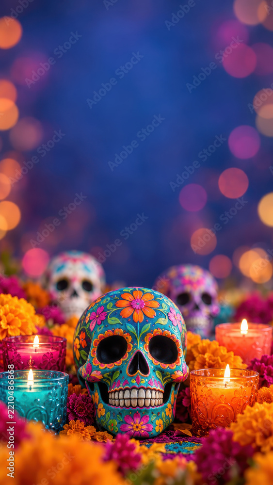 Fototapeta premium Dia de los muertos invitation backdrop with cempasuchil offerings, floral calavera ornament, glass candleholders, generous blue copy space above the festive memorial altar