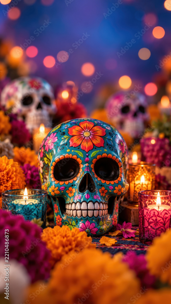 Fototapeta premium Day of the dead altar styling with a flower painted calavera, marigold offerings around glass votive candles, mexican ofrenda centerpiece for ancestor remembrance
