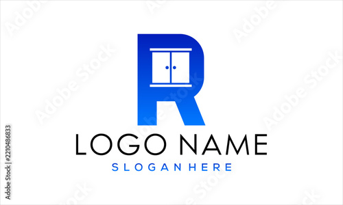 Blue R letter logo design featuring a furniture cabinet icon inside, ideal for interior design, carpentry, and home improvement business branding