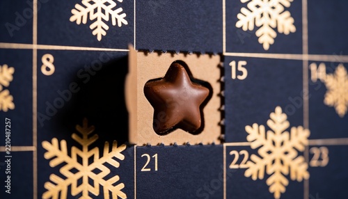 Opening a door of festive Christmas advent calendar revealing star shaped chocolate candy, holiday countdown and sweet seasonal celebration surprise