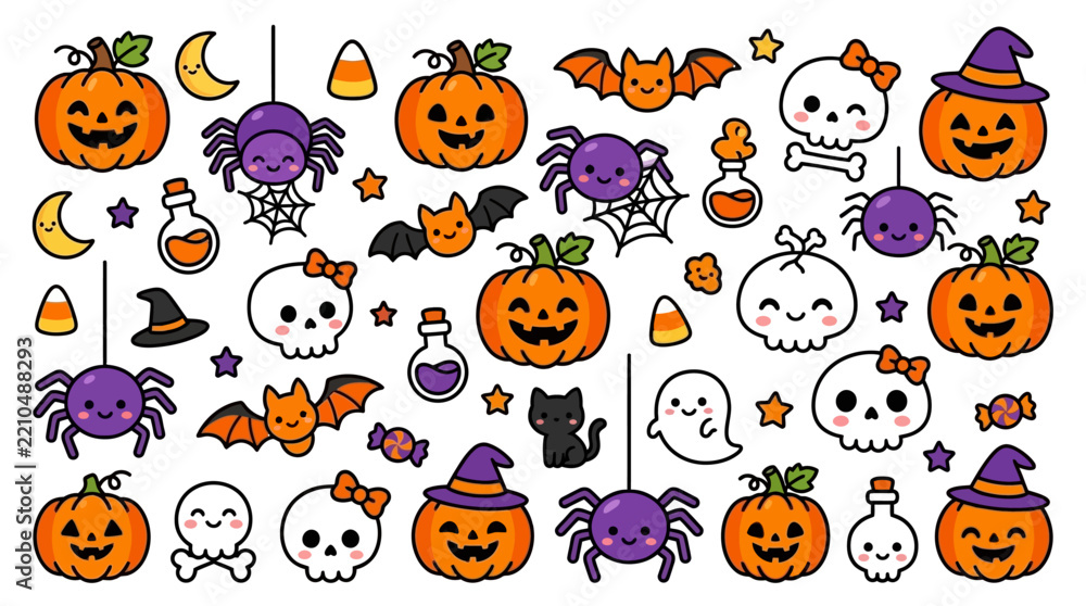 Fototapeta premium Cute Halloween vector elements pattern with pumpkins, friendly ghosts, skulls, bats, and spiders