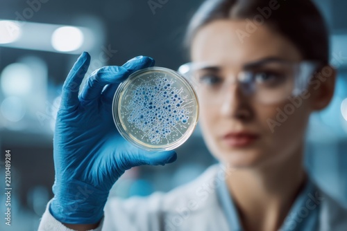 Focused scientist examines a petri dish containing cultured skin bacteria in a modern laboratory