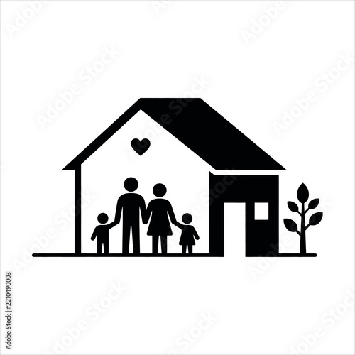 Happy Family Home,Happy Family Inside Loving Home with Tree and Heart Symbol Vector