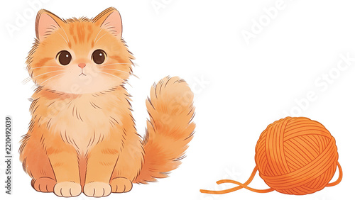Cute fluffy ginger kitten with a ball of yarn, isolated on a transparent background.