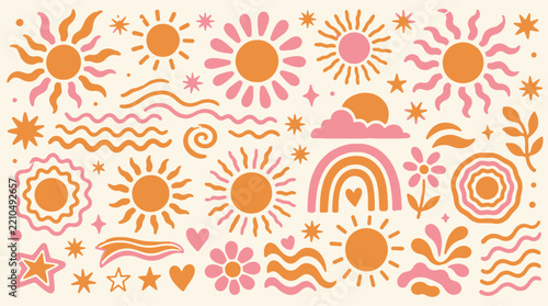 Boho Sun Rainbow And Star Doodle Set On Cream Background