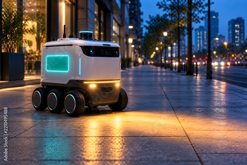 Compact white autonomous delivery robot on a blue-hour sidewalk — teal glyph panel, sensor domes, warm forward LED glow. Ideal for last-mile delivery, logistics, and urban tech content.