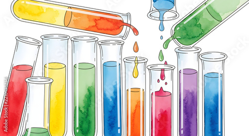 Vibrant illustration showing colorful liquids pouring and blending in laboratory test tubes, symbolizing scientific experiments, chemical reactions, and dynamic discovery