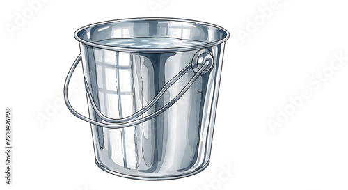 Detailed illustration of a gleaming metallic bucket brimming with crystal clear water, a versatile and essential household container for various cleaning tasks and outdoor utility purposes