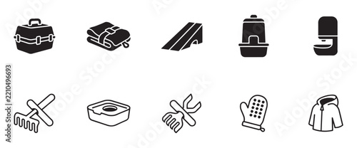 Pet grooming kit items line and solid black icons vector illustration set of animal care supplies.