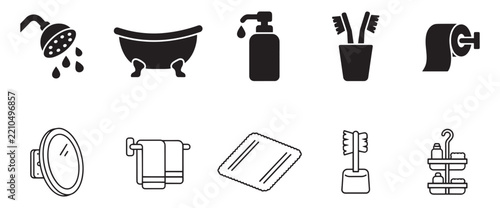 Black and white bathroom line icons collection for hygiene self care routine and toilet amenities.