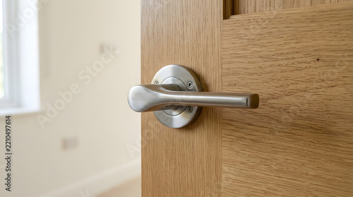 Elegant brushed steel door handle installed on a high-quality light oak wooden door in a modern home interior.