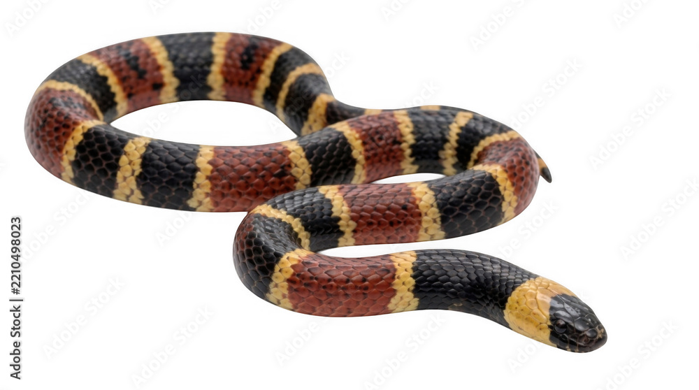 Obraz premium A colorful milk snake with black red and yellow rings coiled on the ground isolated on transparent background