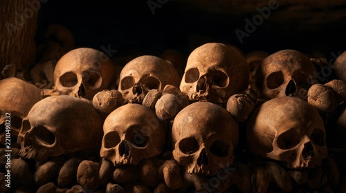 Collection of ancient human skulls and bones in a dark underground catacomb or ossuary