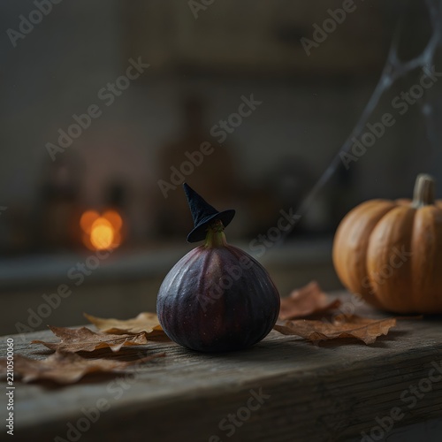 A single fig wearing a tiny witch hat for Halloween celebration decor