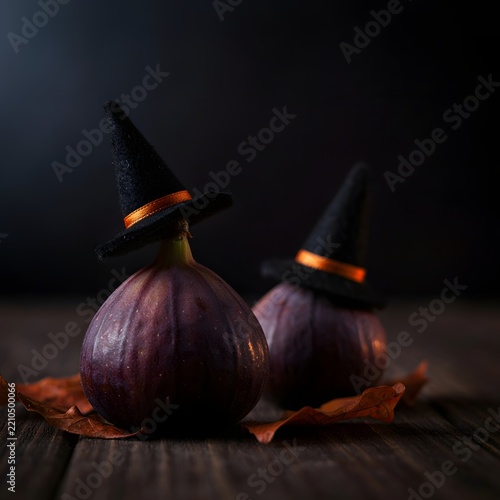 Funny Halloween figs wearing little witch hats on dark wooden background