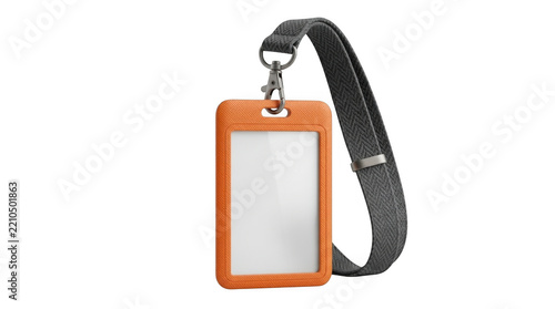 Orange plastic id card holder with a black fabric lanyard for security access pass or name tag for office workers isolated on transparent background