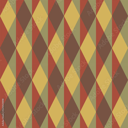 Vintage Autumn Diamond Argyle Seamless Pattern, Retro Geometric Rhombus Vector Background, Muted Terracotta, Mustard Yellow, and Sage Green Checkered Texture for Autumn, Thanksgiving, Fabric, Wallpape