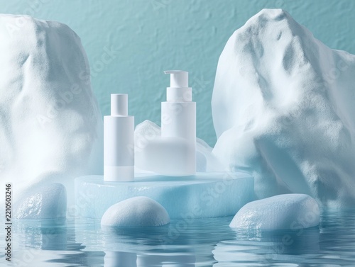 White cosmetic bottles on a glacial ice platform