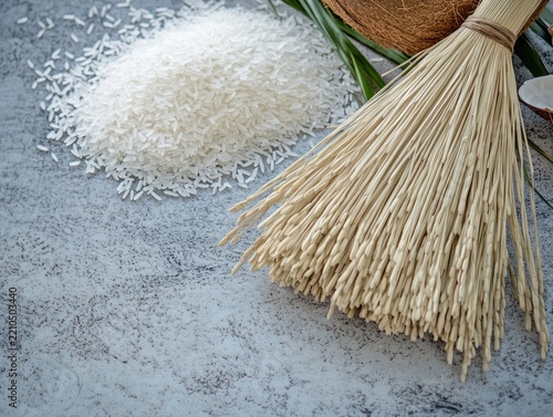 White rice and coconut whisk on a grey surface