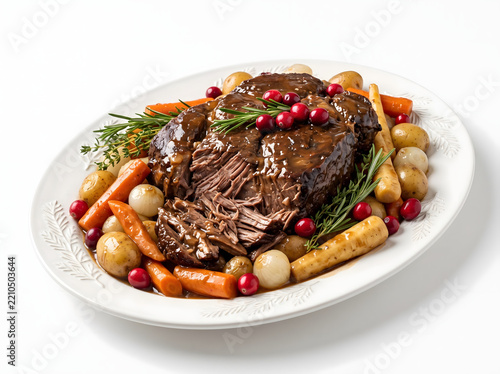 Holiday roasted beef pot roast platter garnished with roasted parsnips carrots pearl onions baby potatoes fresh rosemary and tart red cranberries with rich gravy isolated on pure white background