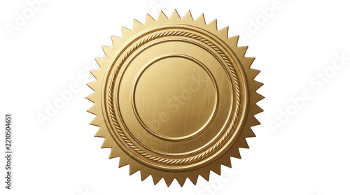 Shiny gold seal stamp or medal badge with a serrated edge for product quality assurance and professional certification isolated on transparent background