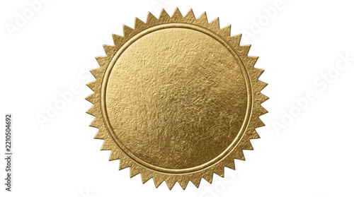 Shiny gold seal sticker with serrated edges for certificate award or official document approval and quality guarantee isolated on transparent background