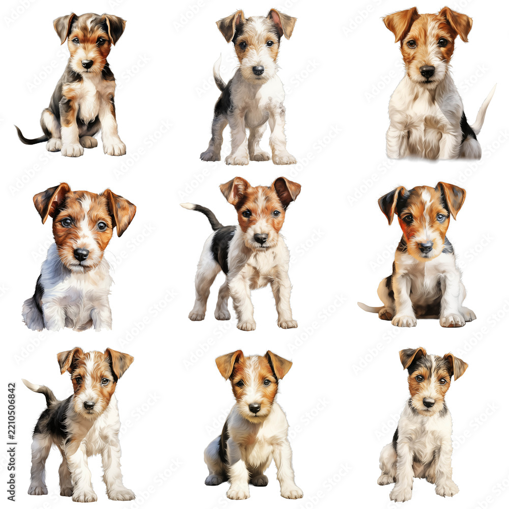Obraz premium Collection of wire fox terrier puppies sitting and posing against a black background