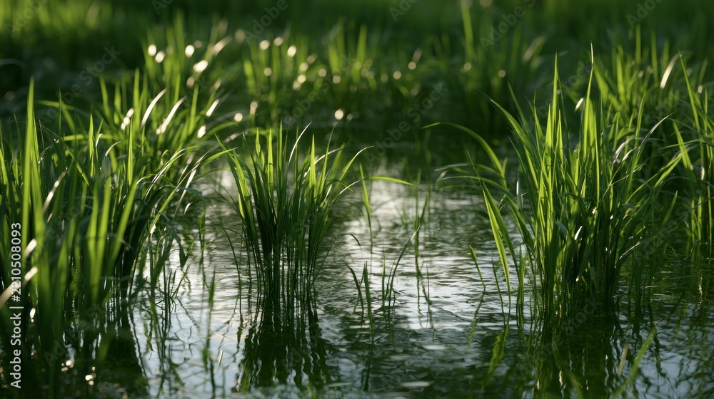 Obraz premium Lush green rice sprouts growing in a flooded paddy field under bright sunlight