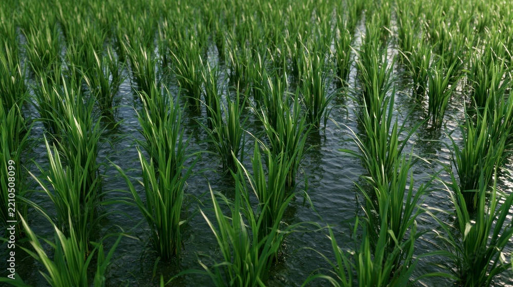 Fototapeta premium Vibrant green rice seedlings growing in a flooded paddy field