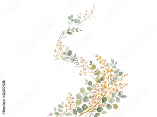 Delicate trailing floral vine with eucalyptus and small blossoms isolated on transparent background