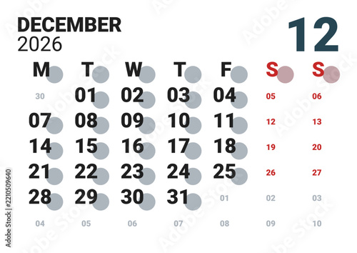 December 2026 English Minimalist Monthly Planner Page Thin Line Layout (Compatible with 2037 and 2043).