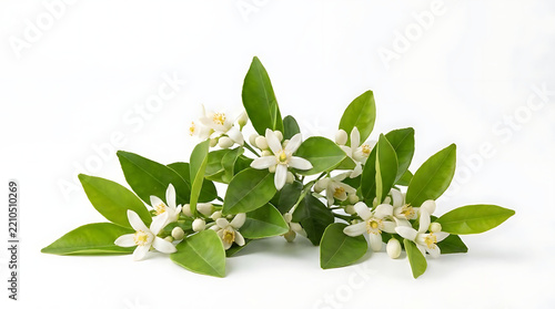 Fresh orange blossoms with green leaves on white.