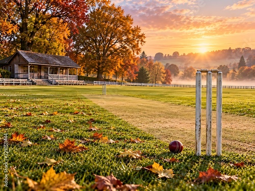 Cricket stumps and a red leather ball on a grassy pitch in front of a wooden pavilion at sunset with vibrant orange and yellow autumn trees in the english countryside