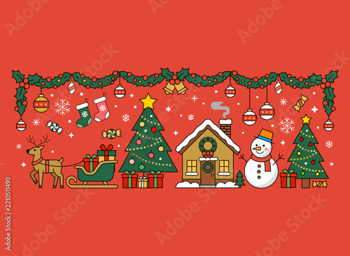 Christmas banner with festive garland, Christmas trees, ornaments, gifts, snowman and holiday house on red background