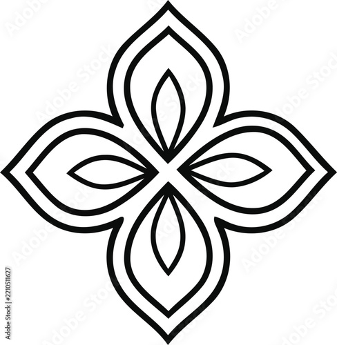 Symmetrical four-petal floral motif with bold black outlines