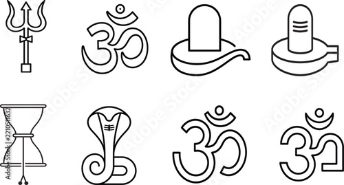 Set of hindu religious symbols, trishula, om, shiva lingam, and cobra