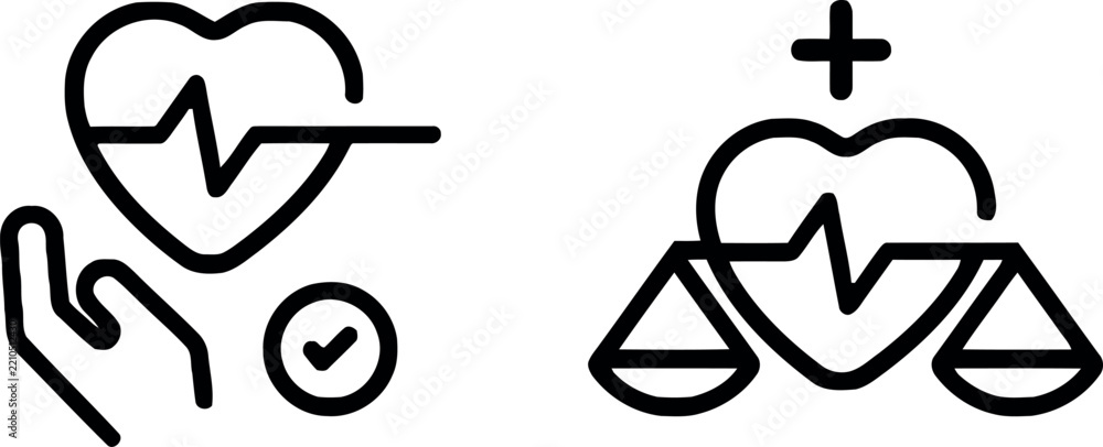 Fototapeta premium Medical Law and Healthcare Ethics Vector Icon Set with Heartbeat, Hand, Checkmark, and Justice Scales Symbols for Medical Insurance and Regulatory Designs