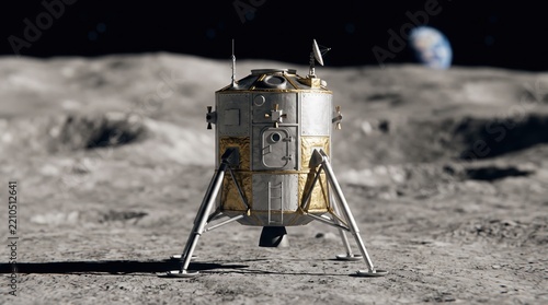 Lunar module on desolate moon surface with Earth