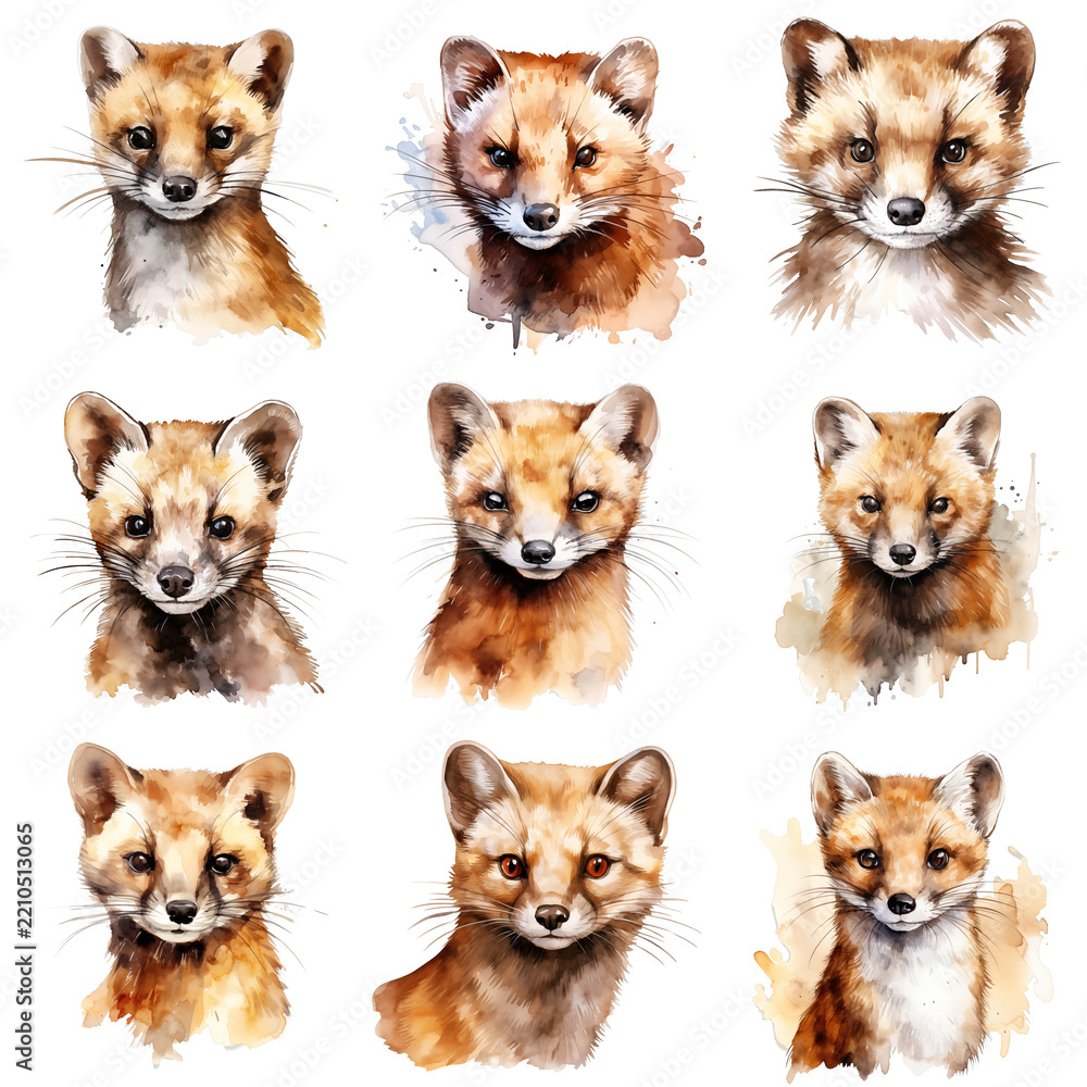 Obraz premium Watercolor painting featuring a collection of nine fox portraits on a black background