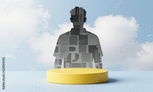 vibrant sunny yellow podium centered light blue surface subtle shadow surrounded fluffy white clouds