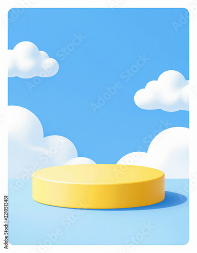 vibrant sunny yellow podium centered light blue surface subtle shadow surrounded fluffy white clouds